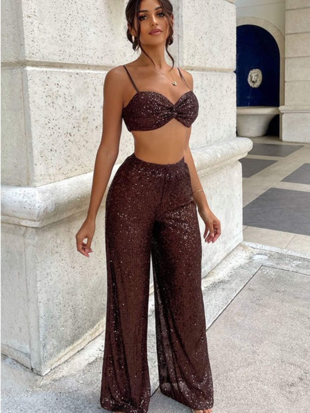 Sequin Wide-Leg Pants Set - Dark Brown